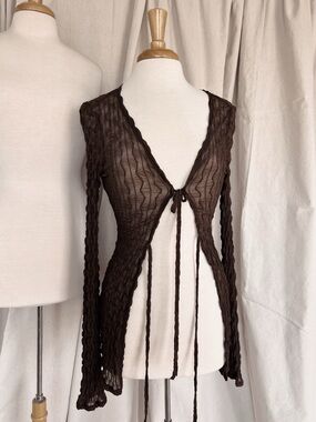 Sheer Tie-Front Brown Ribbed Cardigan